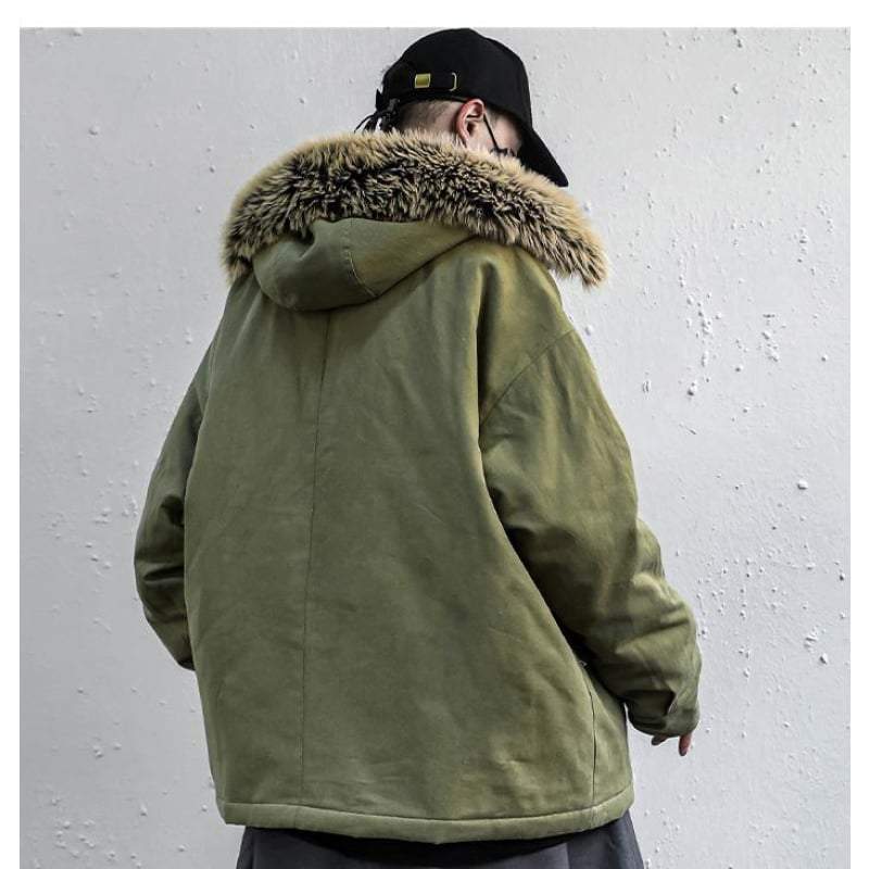 Techwear Green Cargo Jacket with Fur Hood